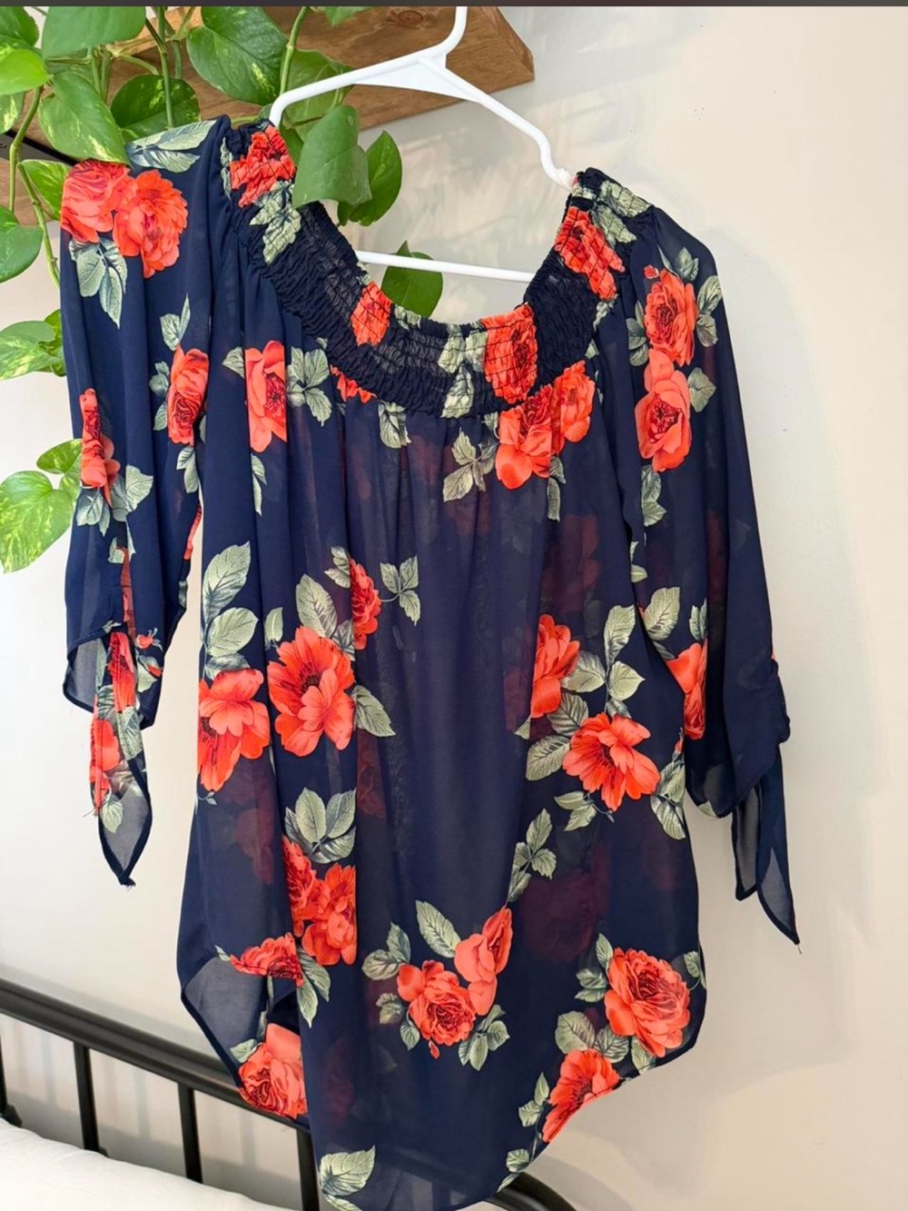 DNA couture Navy Off-Shoulder Blouse with Red Floral Print